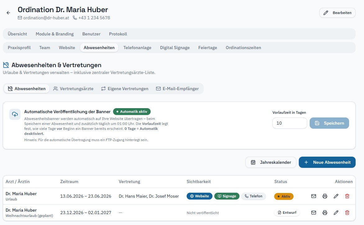 Praxis-Portal: Abwesenheiten und Vertretungen zentral verwalten